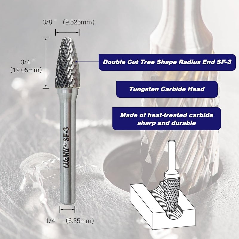 LU&MN SF-3 Tungsten Carbide Burr Tree Shape Radius End Double Cut Rotary Burr File with 1/4'' Shank, 4pcs by - Image 2